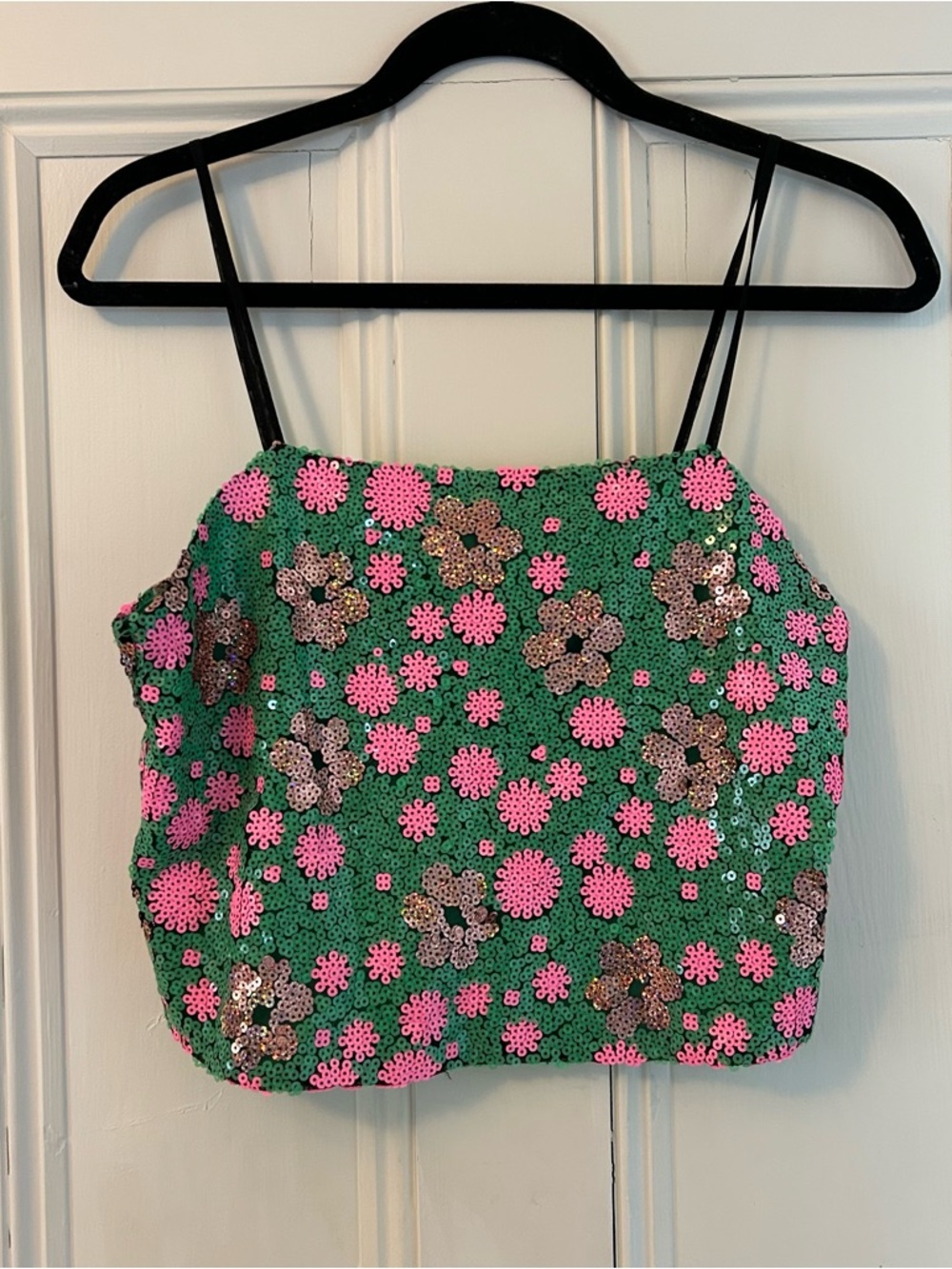 Topshop Sequin Pink Green Floral Crop Tank Top